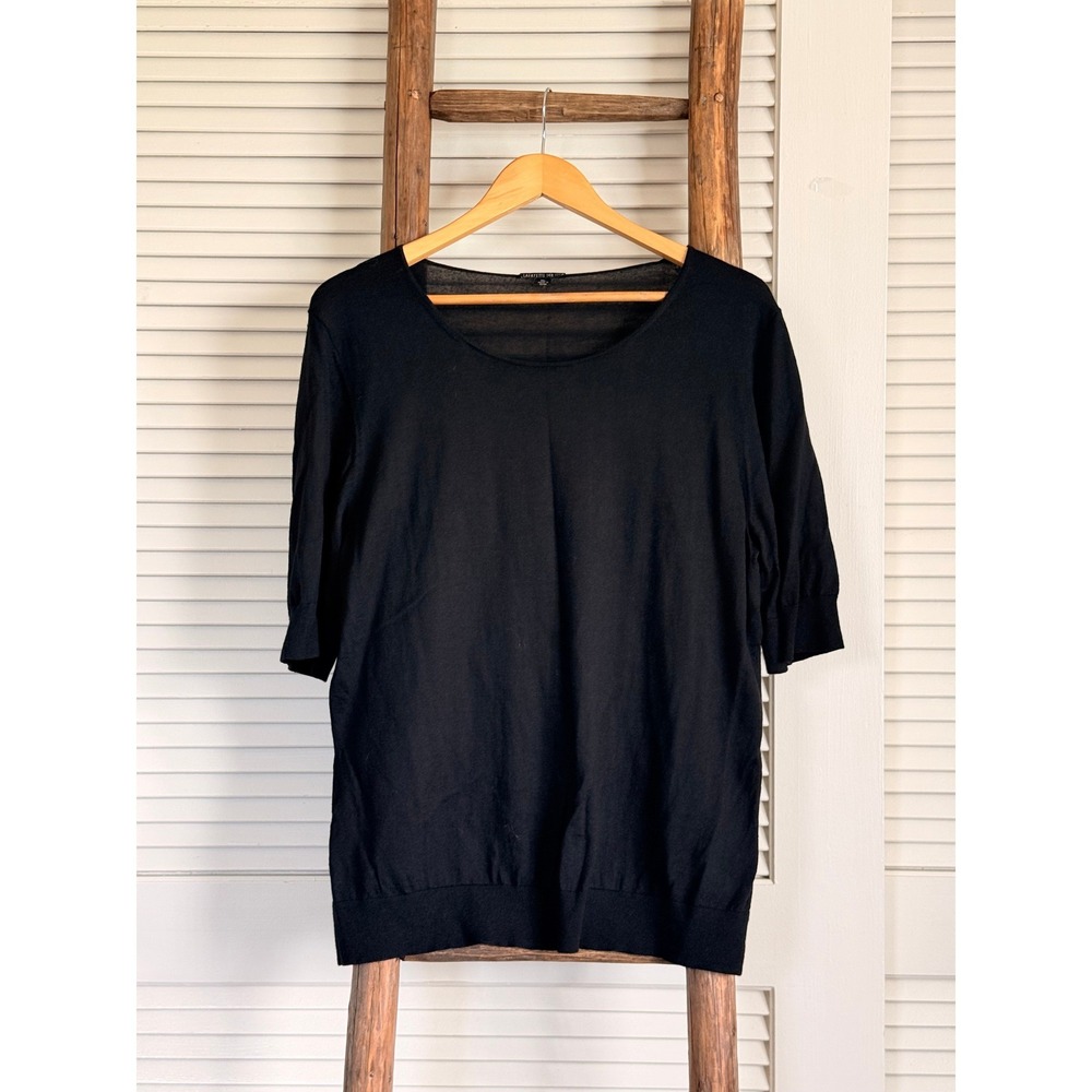 Lafayette 148 Knit Top Womens XL Black 100% Wool Scoop Neck Elbow Sleeve‎